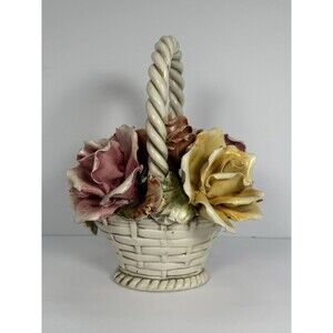 Capodimonte Table Rose Floral Basket Centerpiece‎ Crown N Italy Vintage Large